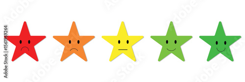 Star-shaped emotion rating scale consists of emoticons such as angry, sad, neutral, happy, and happy arranged in horizontal rows. Customer service and evaluation badges.