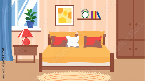 Bedroom interior with furniture. Vector illustration in flat cartoon style.