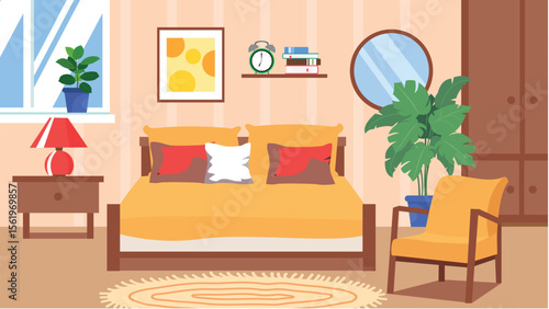Bedroom interior with furniture. Vector illustration in flat cartoon style.