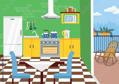 Kitchen interior with furniture and kitchenware. Vector illustration in flat style
