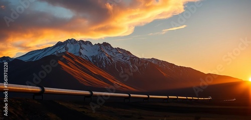 Sunset casts long shadows on a mountain pipeline, Canadian landscape energy infrastructure,  dusk,   shadow