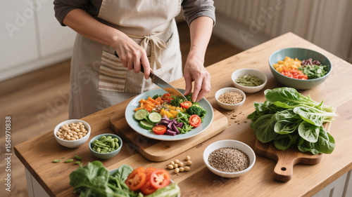 Mature woman preparing colorful anti-inflammatory meal with soy, flaxseeds, and leafy greens – natural hormone balancing diet during perimenopause