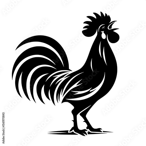 Black and White Vector of a Rooster Crowing Silhouette