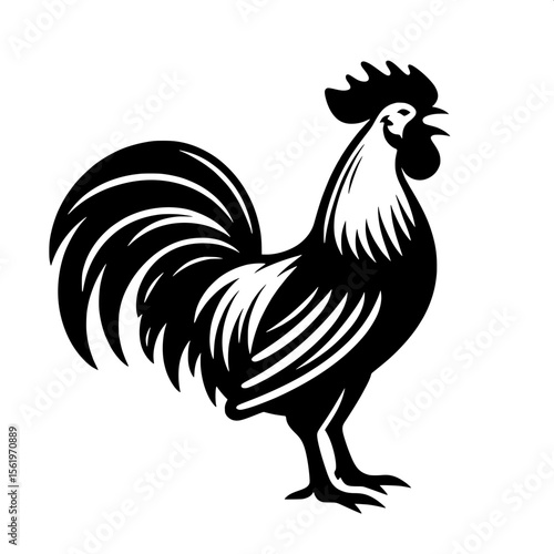 Black and White Vector of a Rooster Crowing Silhouette