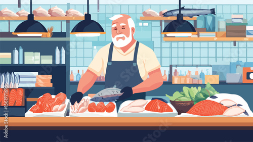 Professional Fishmonger Selling Fresh Fish at Local Market Counter