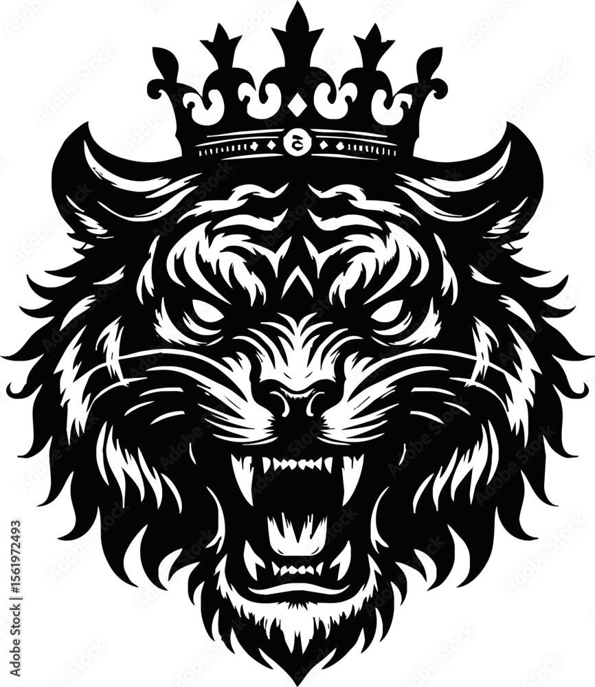 Fototapeta premium king tiger head , crown tiger head, Crown tiger head black and white illustration