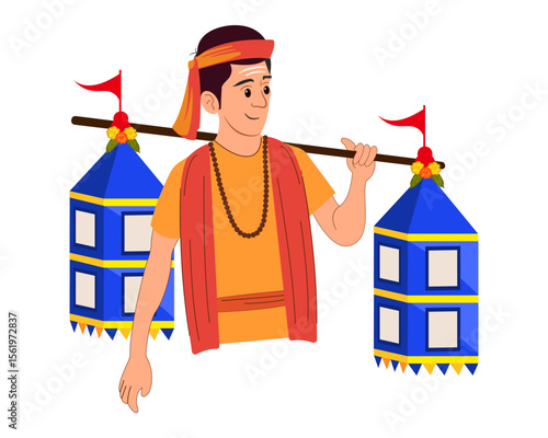 happy Sawan Shivratri men fill the earthen pots with holy ganga water on their shoulders vector illustration