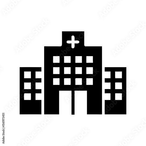 Black silhouette of a building with a medical cross