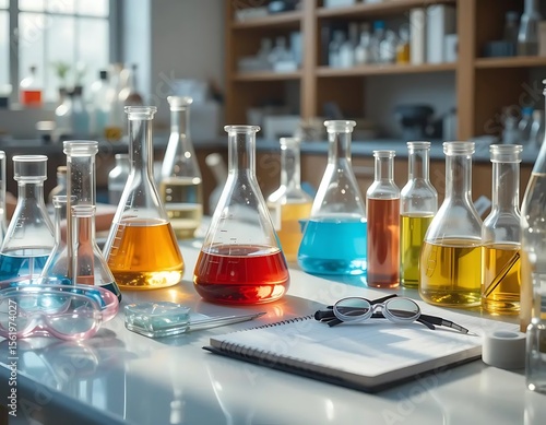 Ultra detailed 4K image of laboratory items typically used in school science class: glass beakers, test tubes, safety goggles, and an open notebook on a clean lab table. High realism
