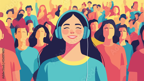 Joyful Girl Listening to Music in Headphones