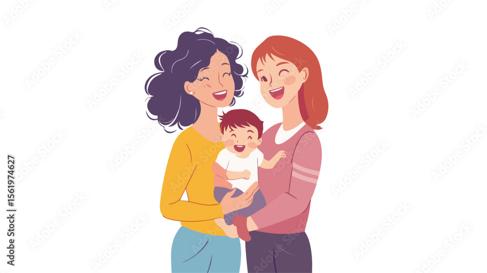 Joyful Lesbian Family with Homosexual Couple Adopting Baby Joyful Lesbian Family with Homosexual Couple Adopting Baby