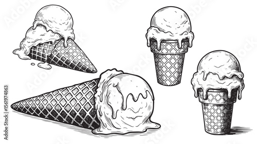 Melting ice cream cone drawn in vintage engraving style for dessert illustration