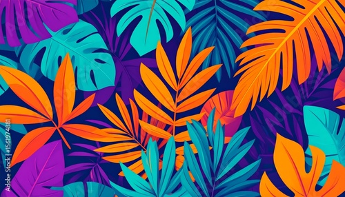 Stylized illustration of bold tropical plants in saturated hues