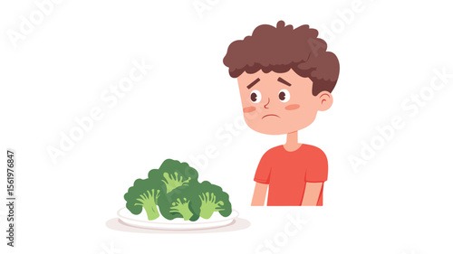 Kid Looking at Healthy Broccoli with Disgust - Nutrition Education Concept