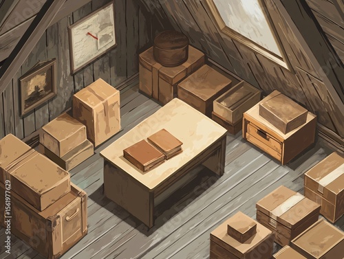 Organizing an attic storage space home interior isometric illustration cozy environment bird's eye view minimalism