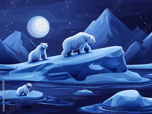 Dramatic scene of polar bears stranded on ice in arctic landscape at night illustration celestial environment emotional impact