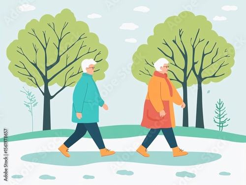 Active elderly couple walking in nature scenic park illustration peaceful environment side view lifestyle concept