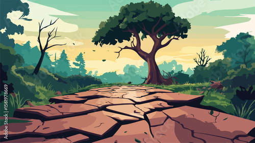 Devastating Forest Earthquake Destruction Aftermath Concept in Vector Illustration