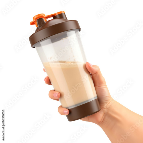 Hand holding protein shaker with milkshake on white background  