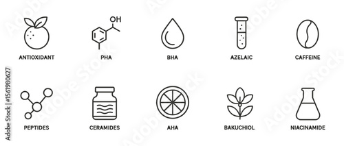 Skin care routine icon set. beauty, antioxidant, bha, caffeine, outline style