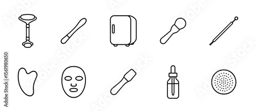 Beauty and skincare line icon set. self-care tools, face mask, serum outline collection