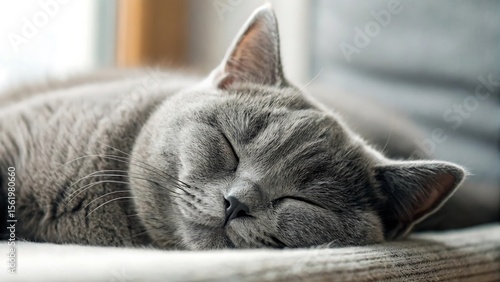 Peaceful grey cat sleeping soundly with eyes closed on a soft surface