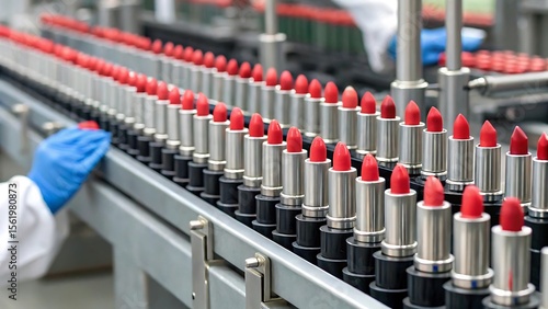 Rows of red lipsticks on a manufacturing conveyor belt with a gloved hand