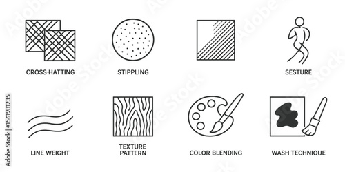 Art techniques linear icon set. drawing methods for creative illustration