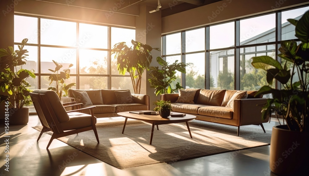 Cozy modern living room bathed in sunlight, showcasing stylish furniture and indoor plants Cozy modern living room bathed in sunlight, showcasing stylish furniture and indoor plants