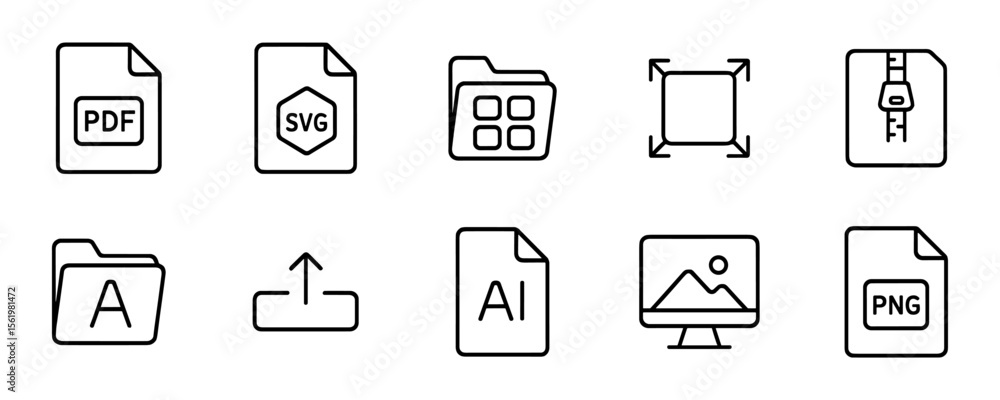 File format outline icon set. document, zip, font outline collection for digital use File format outline icon set. document, zip, font outline collection for digital use