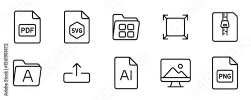 File format outline icon set. document, zip, font outline collection for digital use