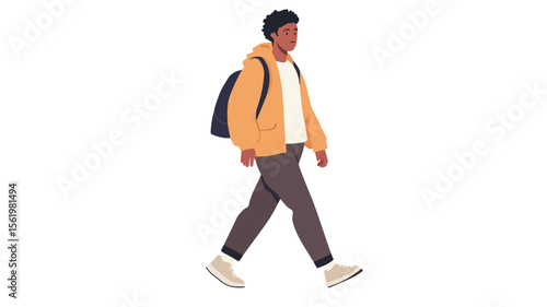 Lonely Young Black Man Walking Alone, Urban Street Photography Concept