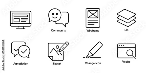 Ui/ux tools outline icon set. wireframe, sketch, annotation icons collection