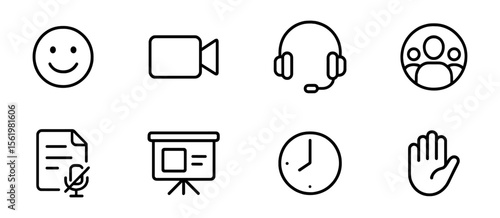 Communication and meetings line icon set. video, audio, chat, presentation, clock