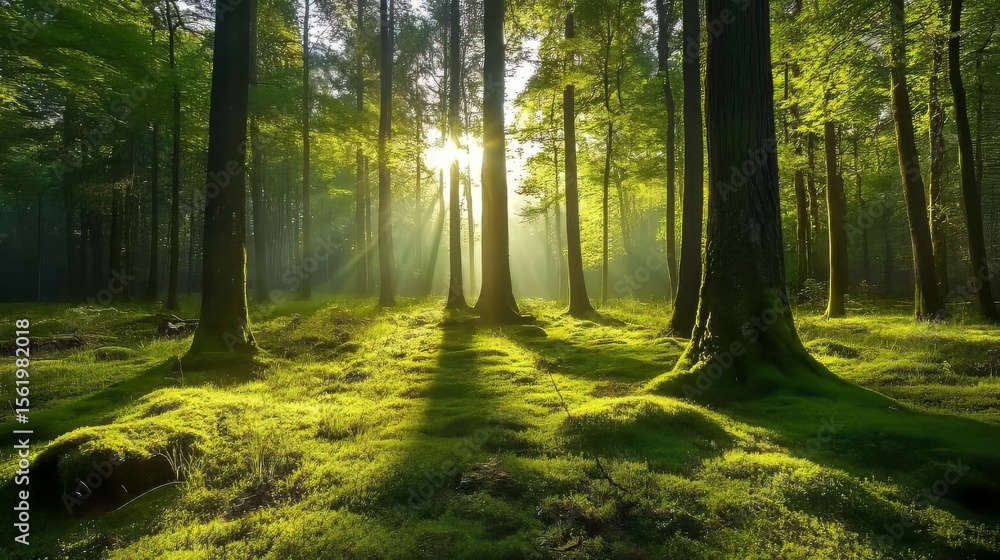 Fototapeta premium Morning in a serene forest with gentle light