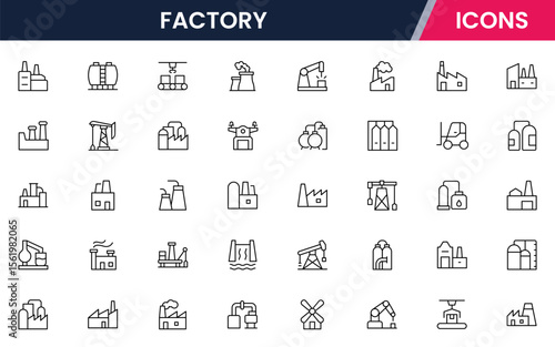 Factory vector web line icon collection, sleek illustrations of machinery, EV production, automation, and industrial tools for manufacturing designs.