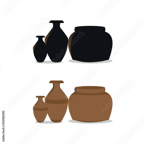 Set of clay earthen clip art, utensils day or night, village water vessels or glass vector illustration