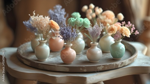 “Pastel Mini Vases with Dried Flowers on Wooden Tray, Minimalist Home Decor”