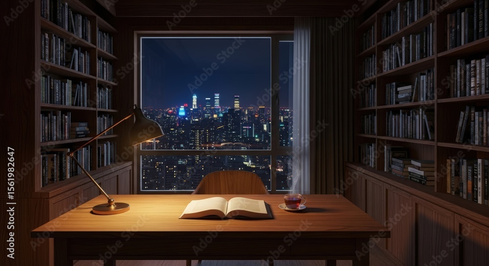 Library Room at Night with Book, Lamp, City View Library Room at Night with Book, Lamp, City View