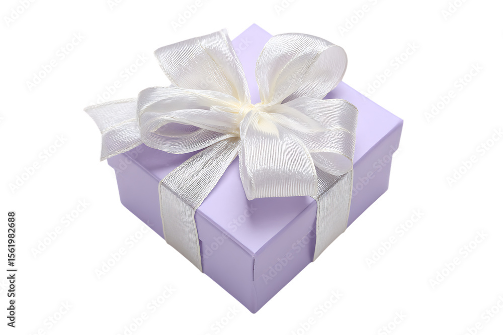 Fototapeta premium Lavender gift box with white ribbon. Surprise, celebration.
