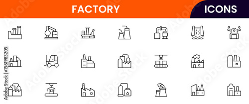 Factory vector web line icon collection, sleek illustrations of machinery, EV production, automation, and industrial tools for manufacturing designs.