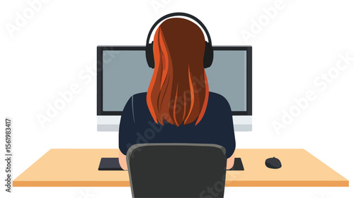 Professional Woman Working at Computer Desk with Headphones On