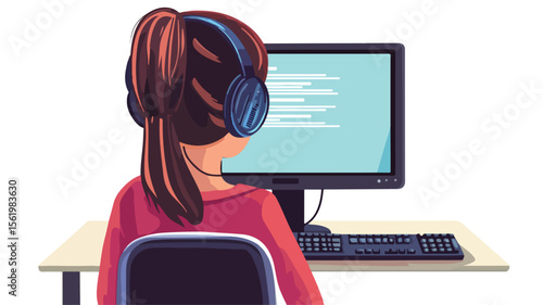 Professional Woman Working at Computer Desk with Headphones