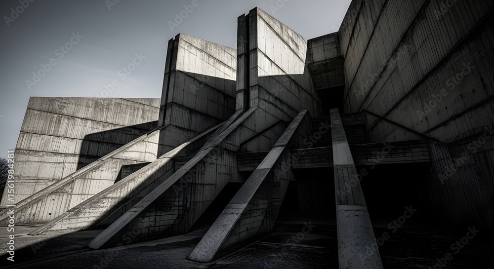 Fototapeta premium Striking brutalist architecture showcases bold concrete forms and geometric patterns, creating a powerful visual statement.