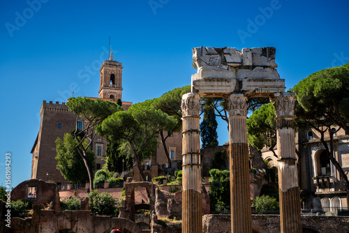 Old romanian ruins in the center of the Rome city, Italy