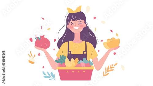 Happy Woman Buying Food with Sale Discount Concept