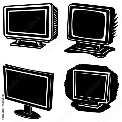 Retro Computer Monitor and Television Set Icons:  Black and White Silhouette Graphics.