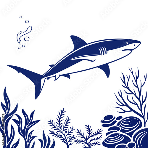 Elegant vector illustration of a blue shark swimming near underwater plants and bubbles