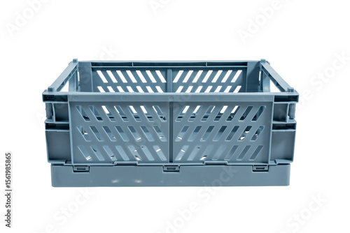 Blue plastic crate with ventilation slits, isolated on a transparent background. Perfect for storage and transportation.