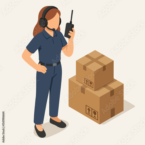 Isometric Woman Dispatcher Talking on Radio near Boxes Illustration. white background